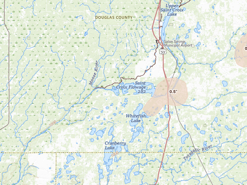 Radar-estimated hail-size map of the storm over Gordon, WI on Jul 3, 2026