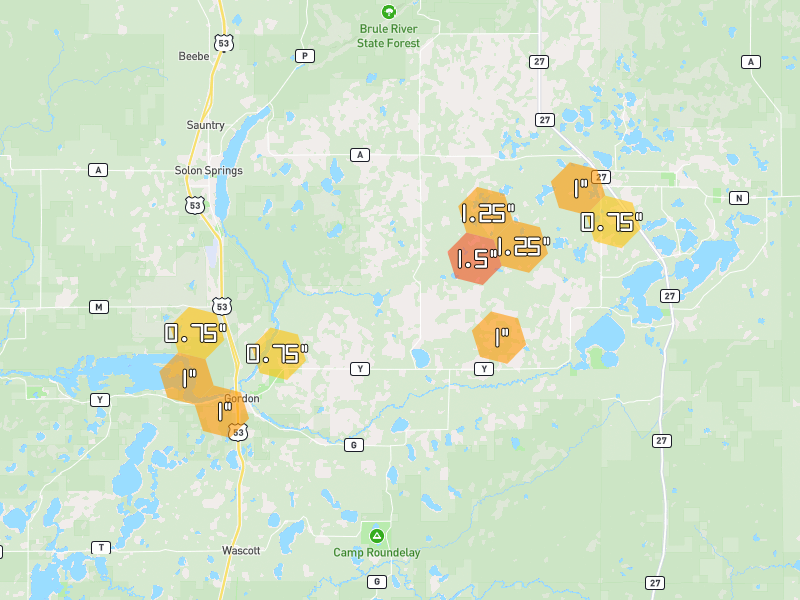 Hail map of Gordon, WI on Jul 3, 2026, hail up to 1.5"