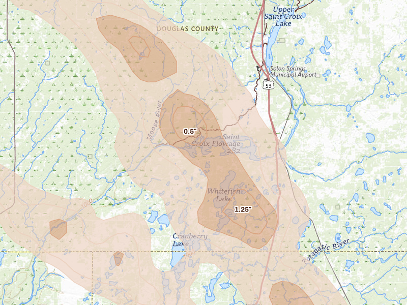 Radar-estimated hail-size map of the storm over Gordon, WI on Jul 17, 2026