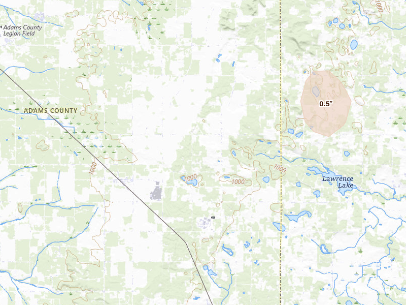 Radar-estimated hail-size map of the storm over Grand Marsh, WI on Mar 31, 2026