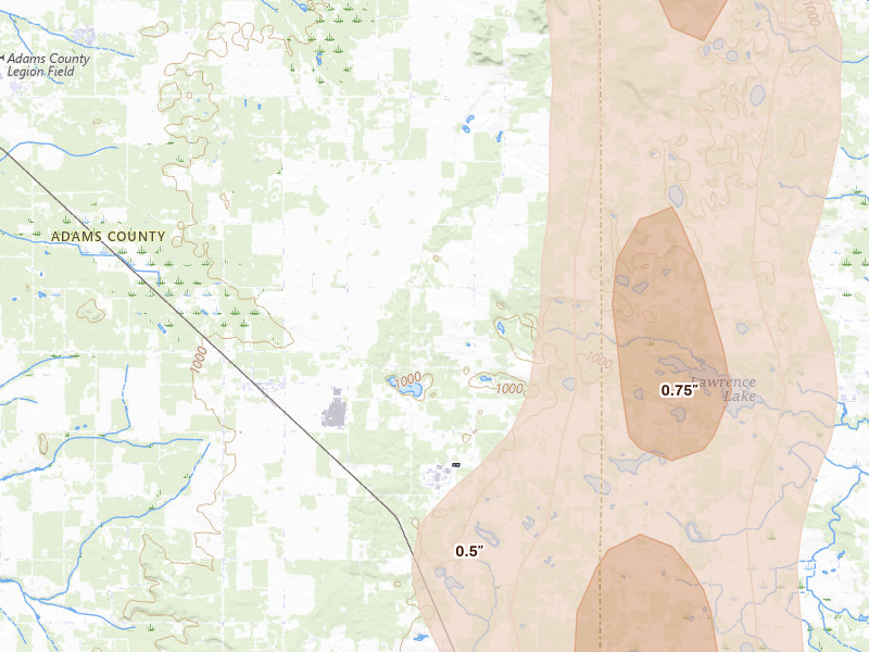 Radar-estimated hail-size map of the storm over Grand Marsh, WI on May 27, 2026