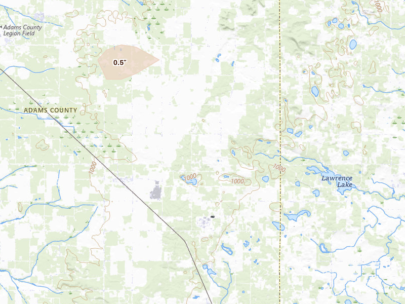 Radar-estimated hail-size map of the storm over Grand Marsh, WI on Jun 24, 2026