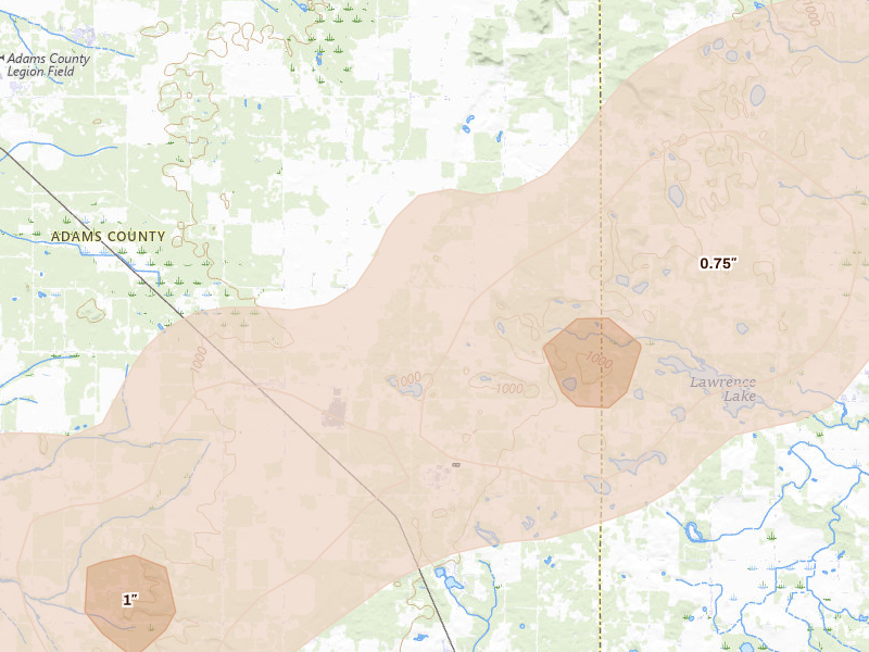 Radar-estimated hail-size map of the storm over Grand Marsh, WI on Jun 30, 2026
