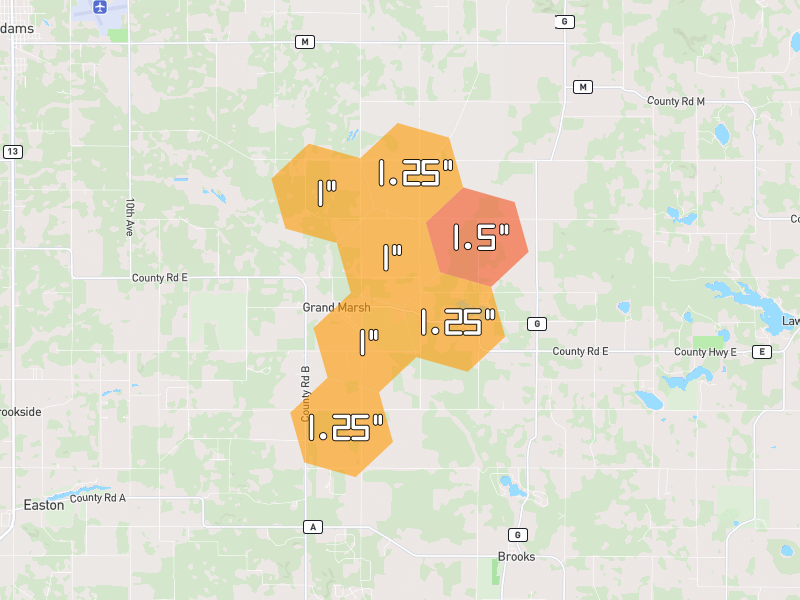 Hail map of Grand Marsh, WI on Jul 1, 2026, hail up to 1.5"