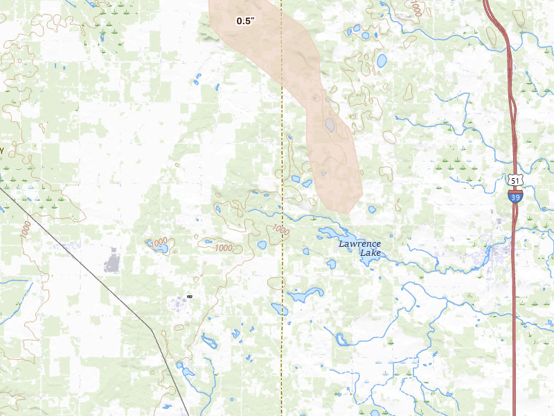 Radar-estimated hail-size map of the storm over Grand Marsh, WI on Aug 21, 2026
