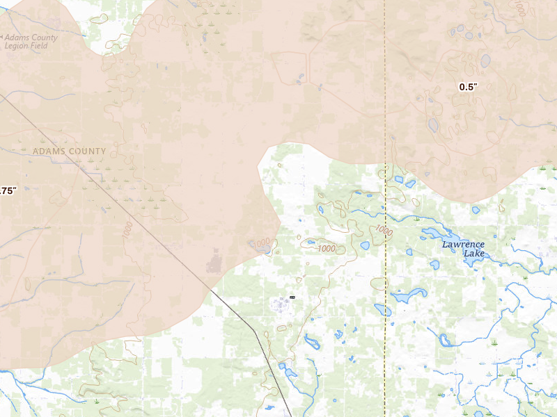 Radar-estimated hail-size map of the storm over Grand Marsh, WI on Sep 1, 2026