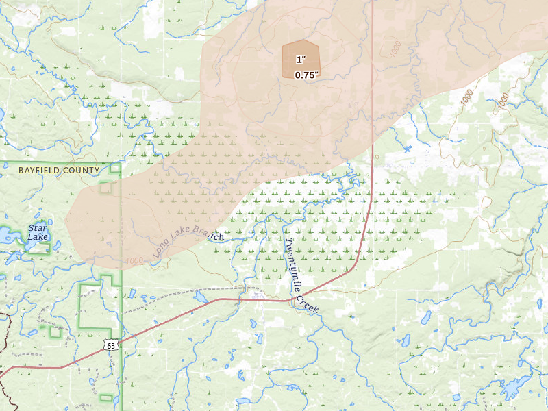 Radar-estimated hail-size map of the storm over Grand View, WI on Jun 29, 2026