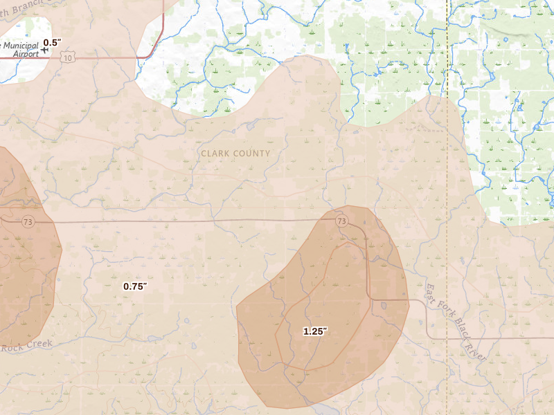 Radar-estimated hail-size map of the storm over Granton, WI on Apr 13, 2026