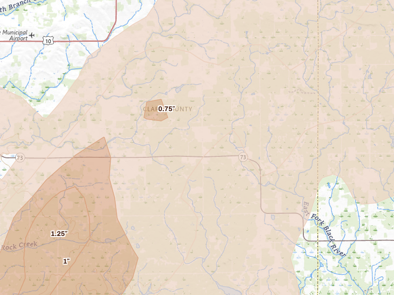 Radar-estimated hail-size map of the storm over Granton, WI on Apr 17, 2026