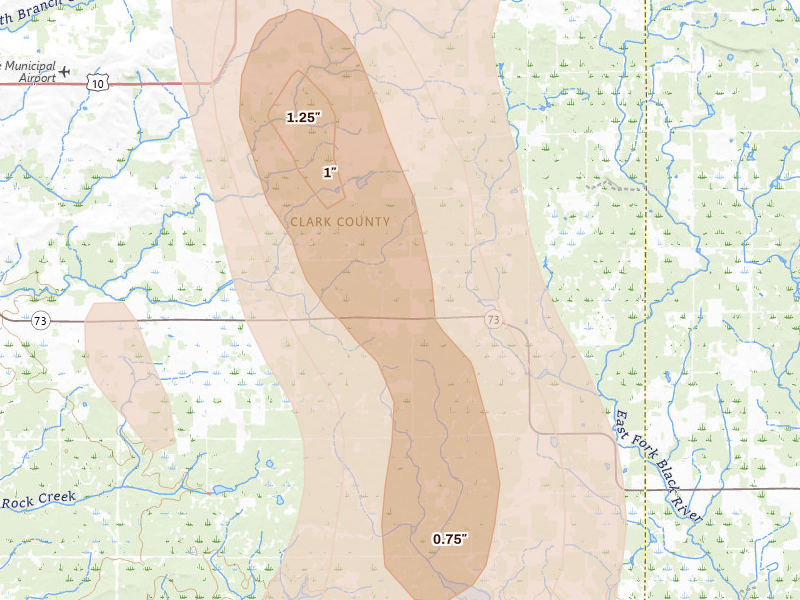 Radar-estimated hail-size map of the storm over Granton, WI on May 27, 2026