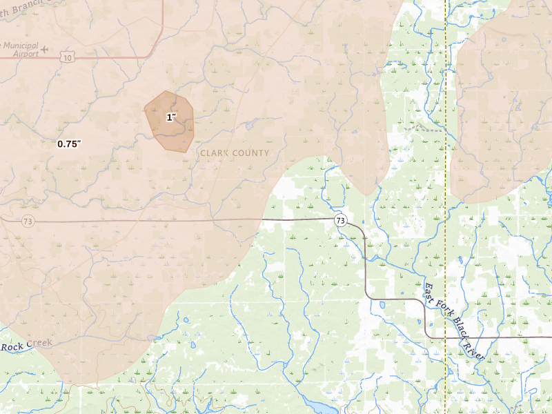 Radar-estimated hail-size map of the storm over Granton, WI on Jun 10, 2026