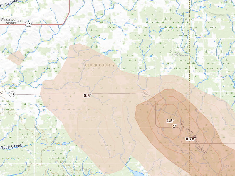Radar-estimated hail-size map of the storm over Granton, WI on Aug 11, 2026