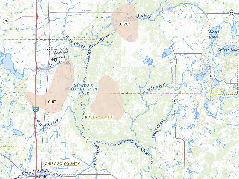 Radar-estimated hail-size map of the storm over Grantsburg, WI on Jun 9, 2026