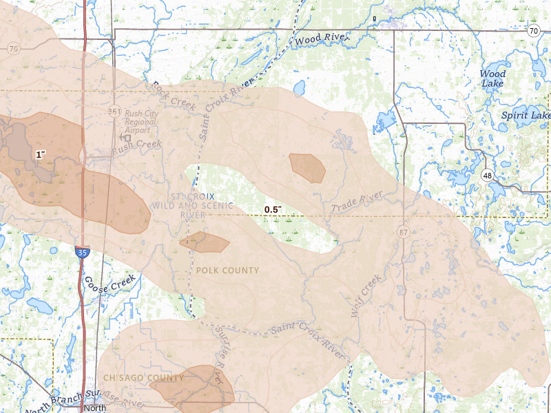 Radar-estimated hail-size map of the storm over Grantsburg, WI on Jun 19, 2026