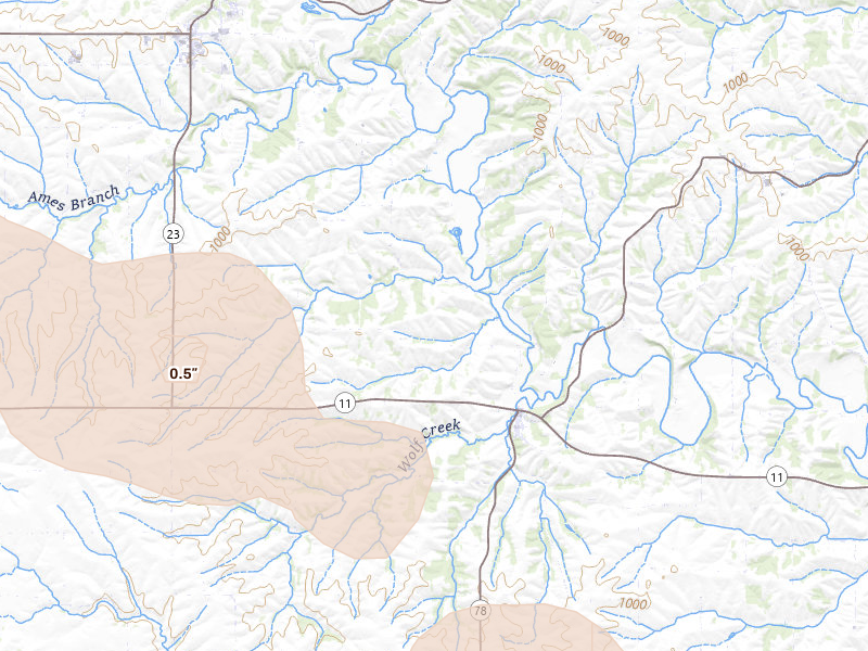 Radar-estimated hail-size map of the storm over Gratiot, WI on Jun 24, 2026
