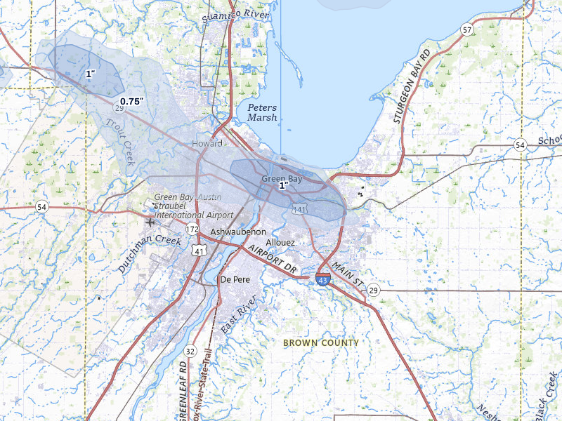 NEXRAD radar-signature map of the hail storm over Green Bay, WI on Mar 30, 2026