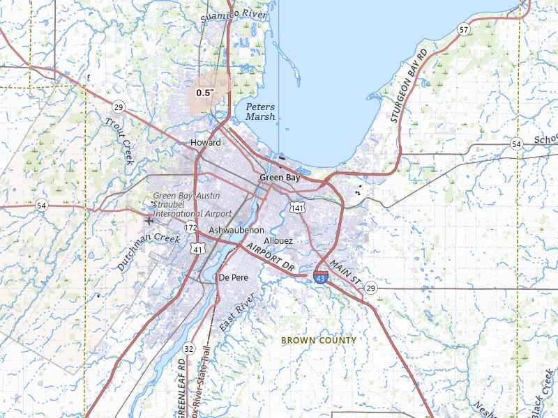 Radar-estimated hail-size map of the storm over Green Bay, WI