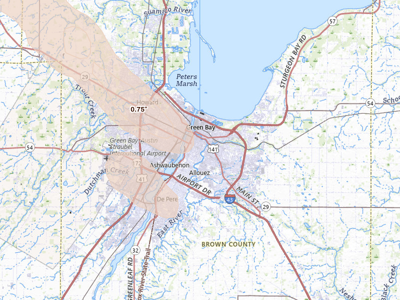 Radar-estimated hail-size map of the storm over Green Bay, WI on Jun 24, 2026