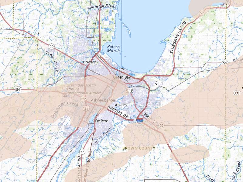 Radar-estimated hail-size map of the storm over Green Bay, WI on Jun 30, 2026