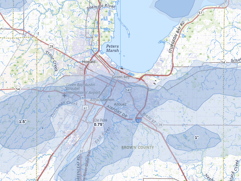 NEXRAD radar-signature map of the hail storm over Green Bay, WI on Jun 30, 2026