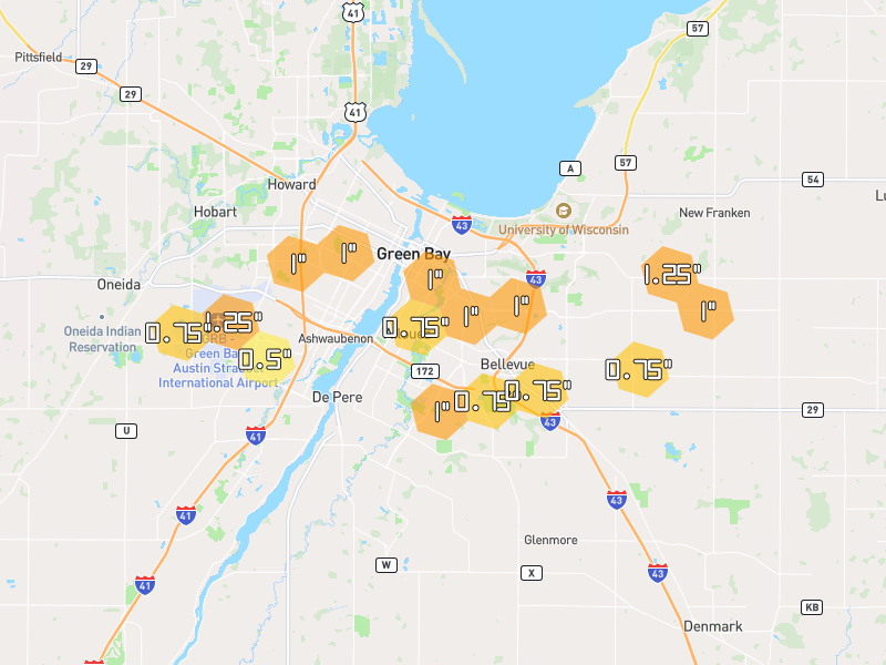 Hail map of Green Bay, WI on Jun 30, 2026, hail up to 1.25"