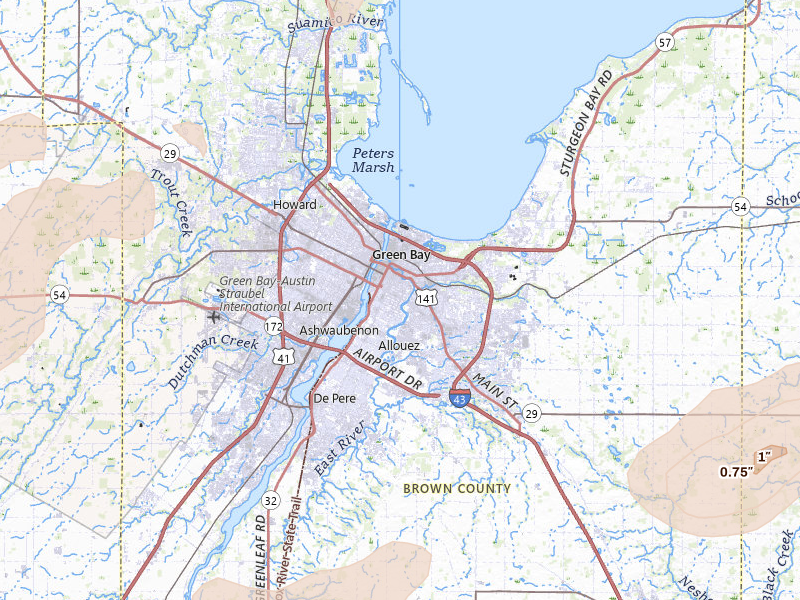 Radar-estimated hail-size map of the storm over Green Bay, WI on Jul 1, 2026