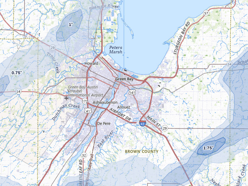NEXRAD radar-signature map of the hail over Green Bay, WI