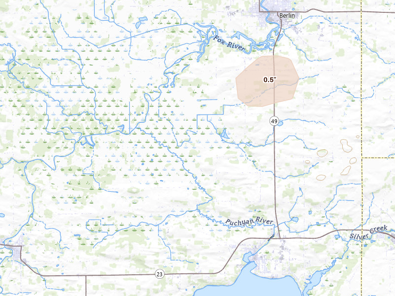 Radar-estimated hail-size map of the storm over Green Lake, WI on Jun 16, 2026