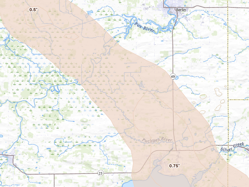Radar-estimated hail-size map of the storm over Green Lake, WI on Jun 24, 2026