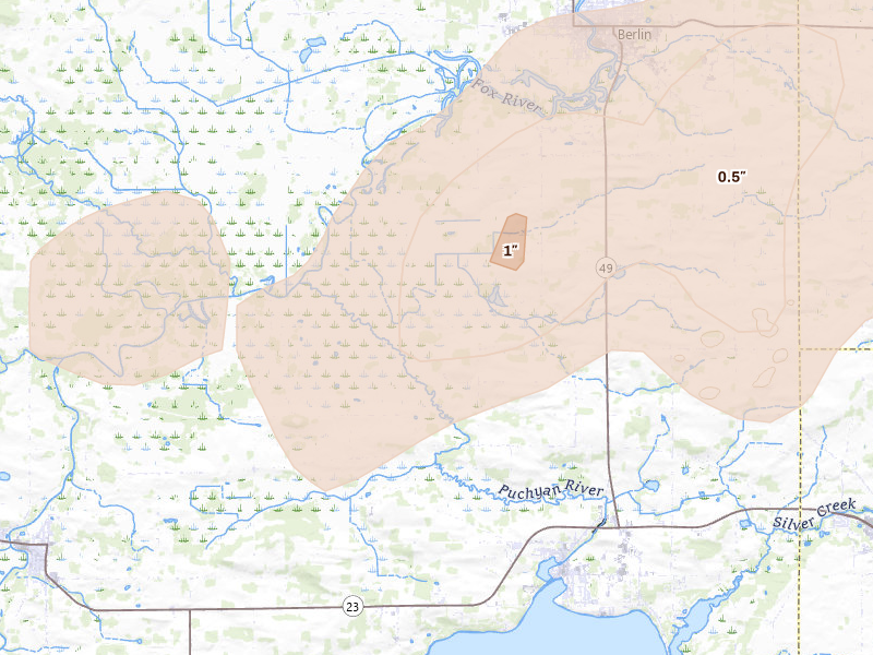 Radar-estimated hail-size map of the storm over Green Lake, WI on Jul 1, 2026
