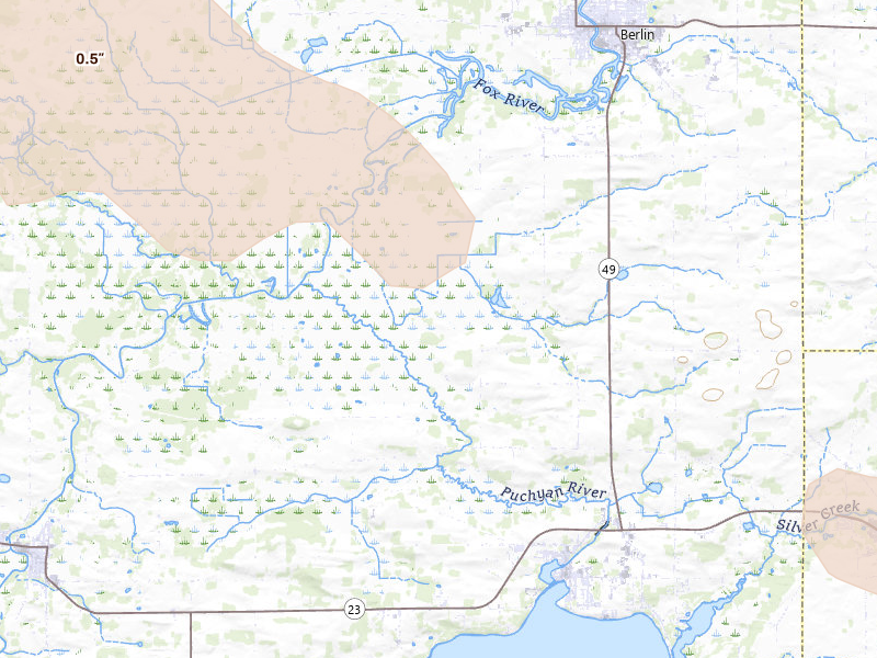 Radar-estimated hail-size map of the storm over Green Lake, WI on Aug 18, 2026