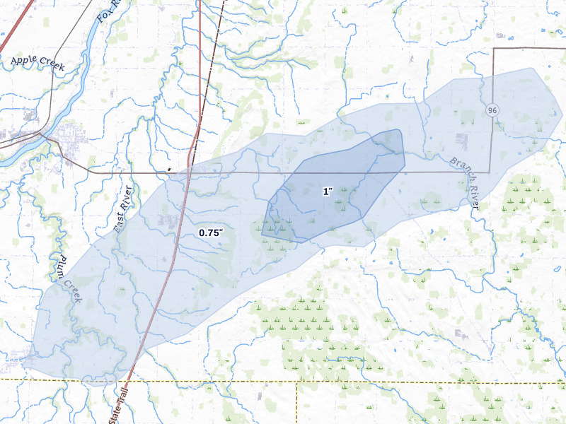 NEXRAD radar-signature map of the hail storm over Greenleaf, WI on May 17, 2026