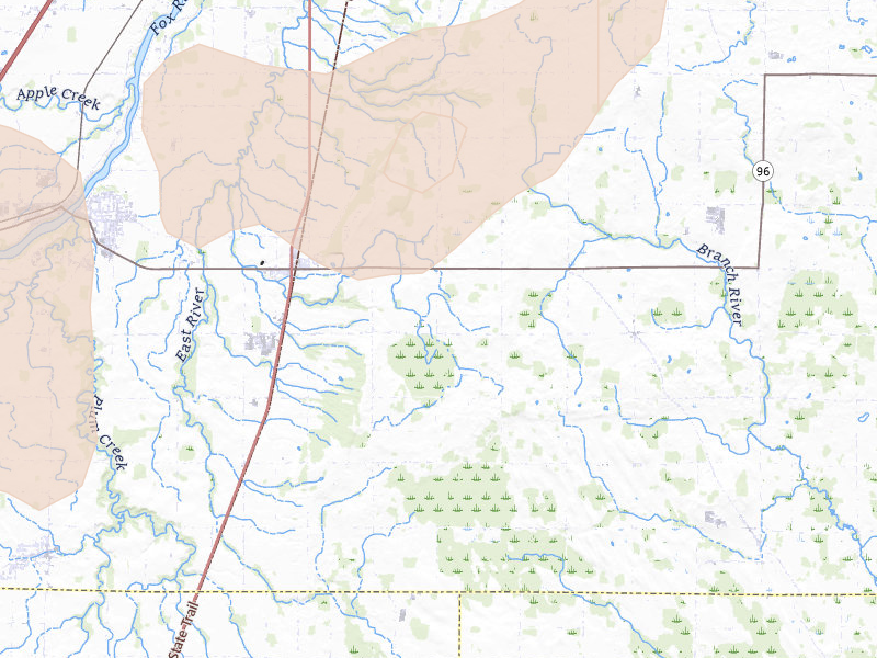 Radar-estimated hail-size map of the storm over Greenleaf, WI on Jul 1, 2026