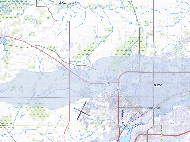 NEXRAD radar-signature map of the hail over Greenville, WI