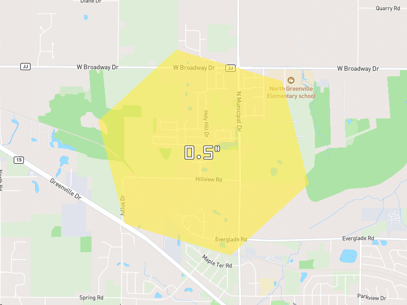 Hail map of Greenville, WI on Jun 30, 2026, hail up to 0.5"
