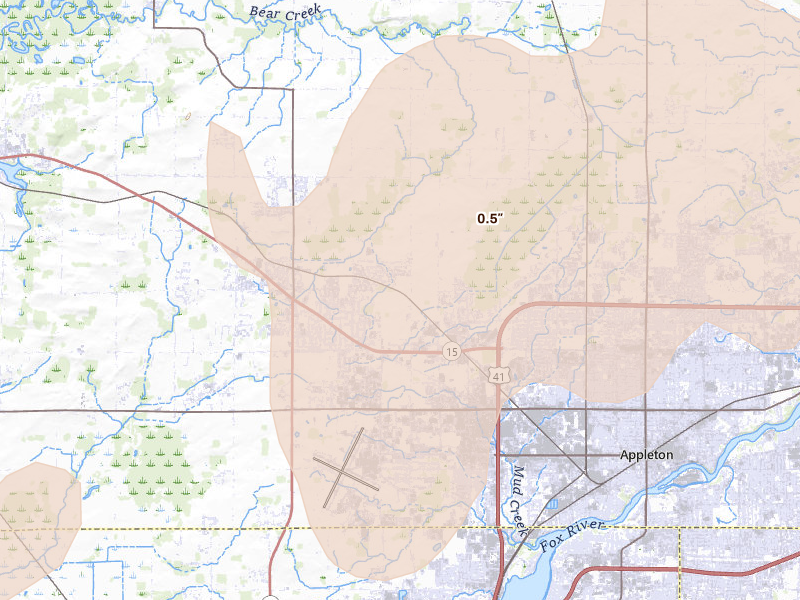 Radar-estimated hail-size map of the storm over Greenville, WI on Jul 1, 2026