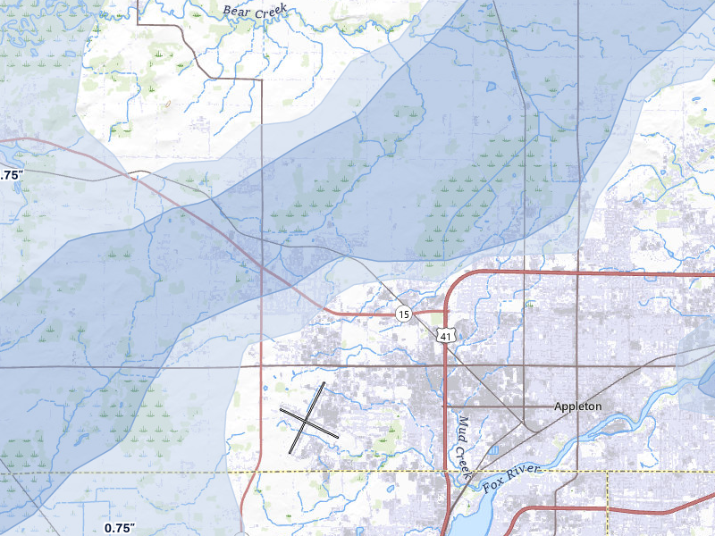 NEXRAD radar-signature map of the hail storm over Greenville, WI on Jul 1, 2026
