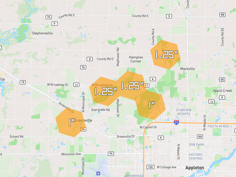 Hail map of Greenville, WI on Jul 1, 2026, hail up to 1.25"