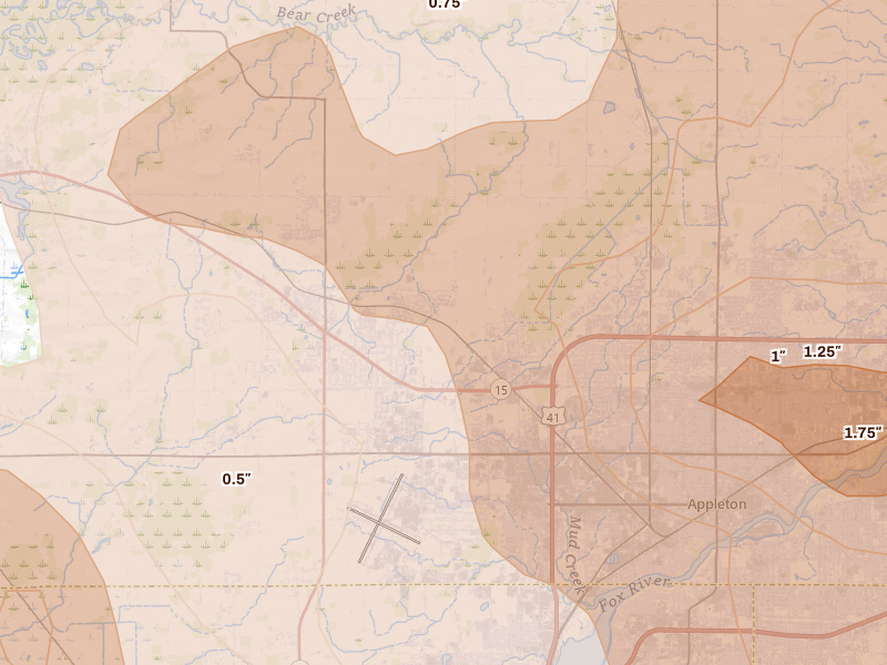 Radar-estimated hail-size map of the storm over Greenville, WI on Jul 27, 2026