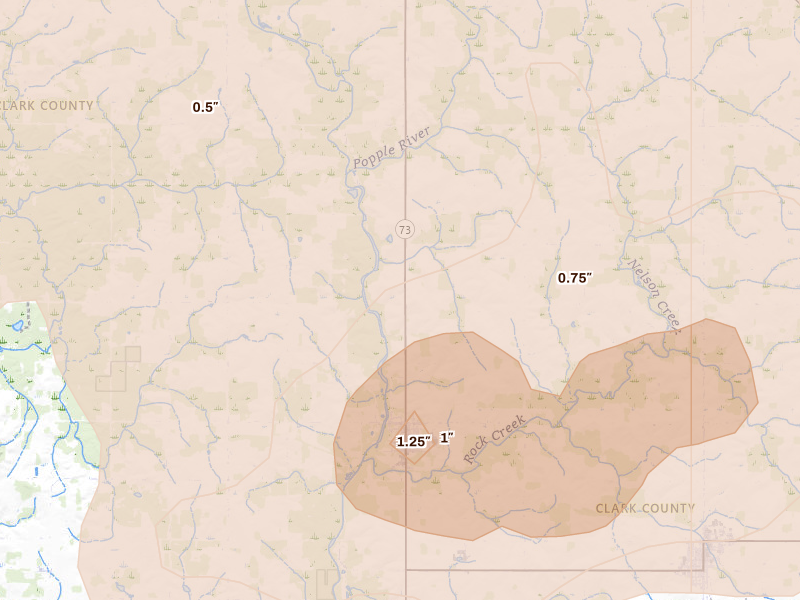 Radar-estimated hail-size map of the storm over Greenwood, WI on Jun 9, 2026