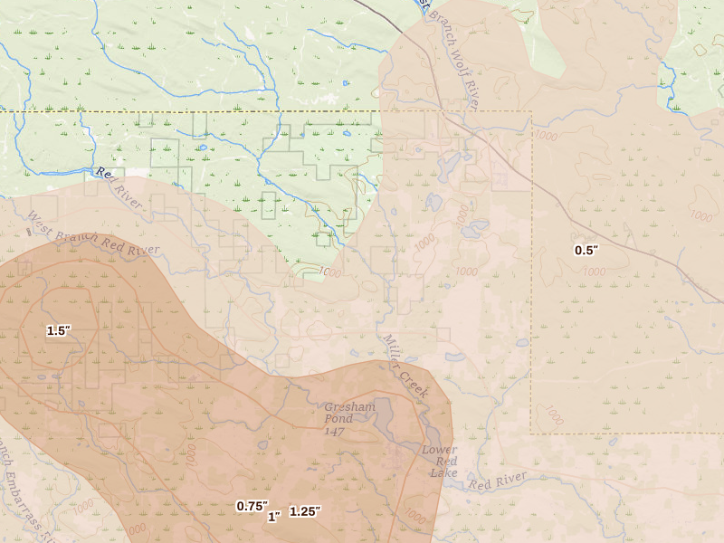 Radar-estimated hail-size map of the storm over Gresham, WI