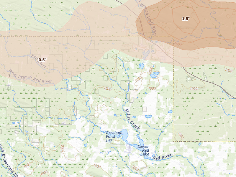 Radar-estimated hail-size map of the storm over Gresham, WI on Aug 11, 2026