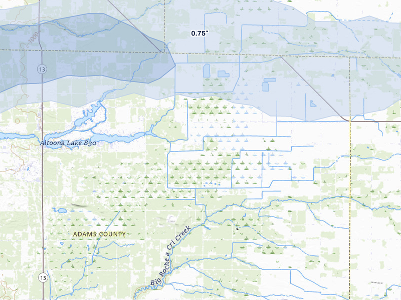 NEXRAD radar-signature map of the hail over Hancock, WI