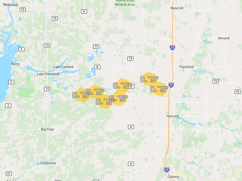 Hail map of Hancock, WI on Jun 30, 2026, hail up to 0.75"
