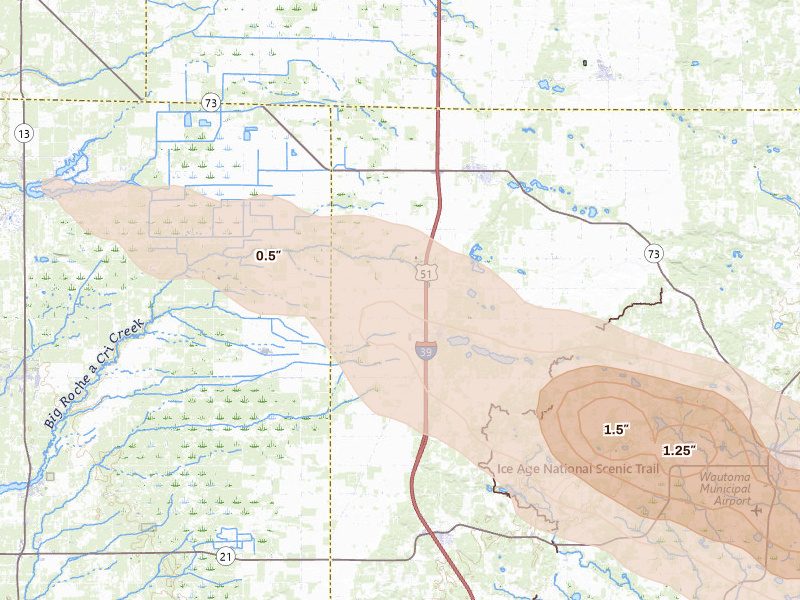 Radar-estimated hail-size map of the storm over Hancock, WI on Aug 18, 2026