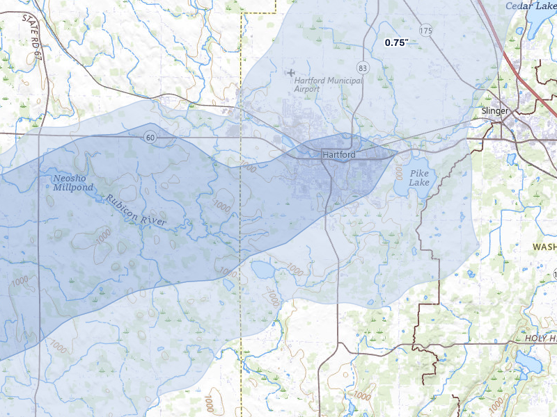 NEXRAD radar-signature map of the hail over Hartford, WI