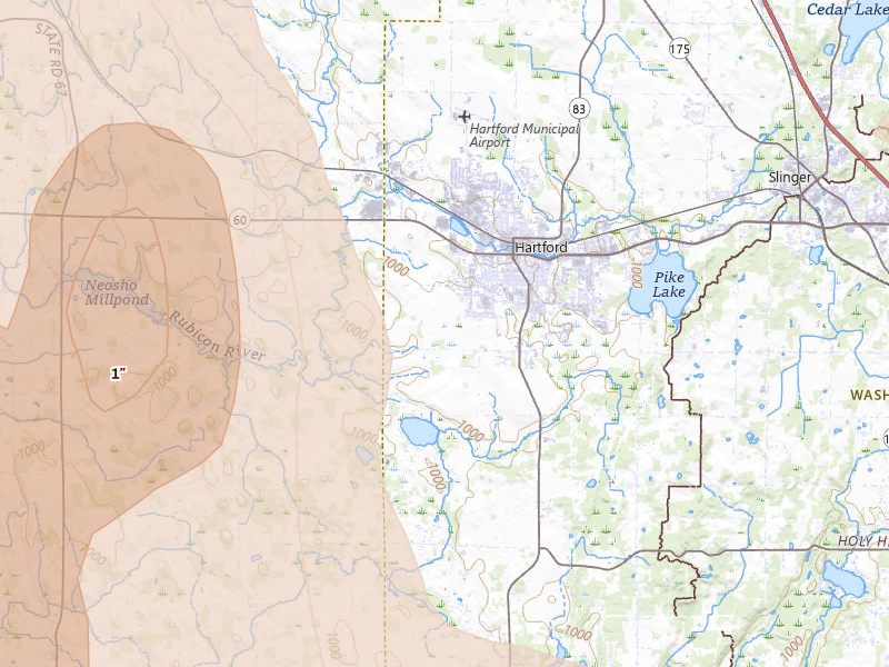 Radar-estimated hail-size map of the storm over Hartford, WI