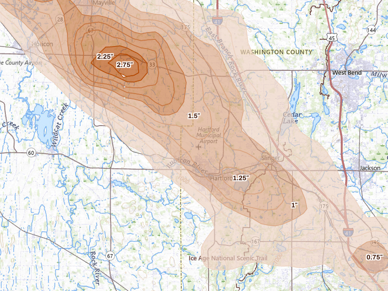 Radar-estimated hail-size map of the storm over Hartford, WI