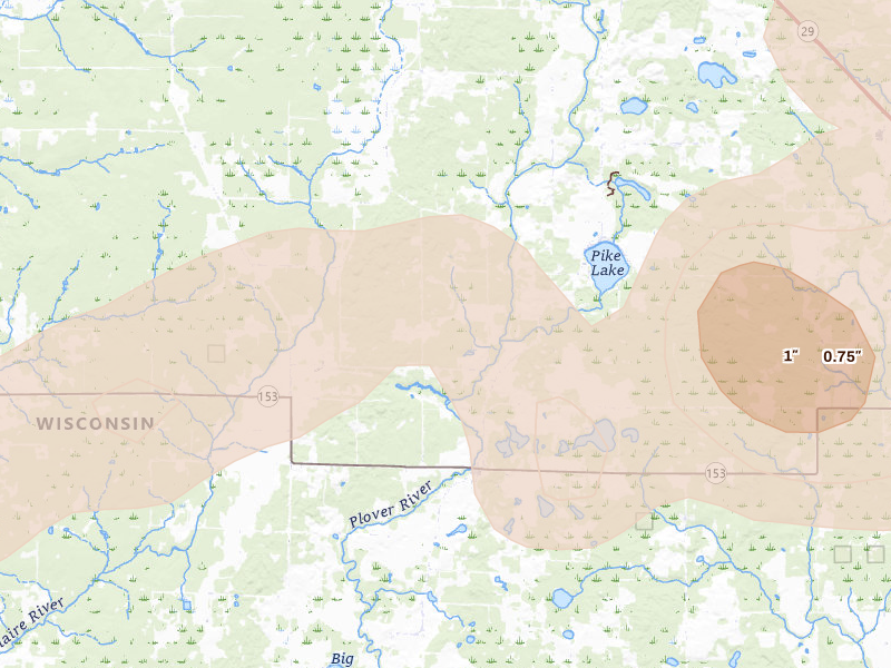 Radar-estimated hail-size map of the storm over Hatley, WI on Jun 30, 2026