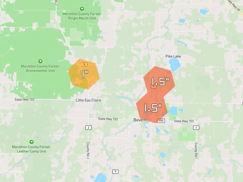 Hail map of Hatley, WI on Jun 30, 2026, hail up to 1.5"